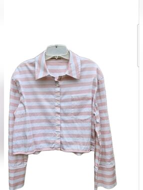 Alice + Olivia Women's Oversized Cropped Striped Long Sleeved Shirt Size Medium